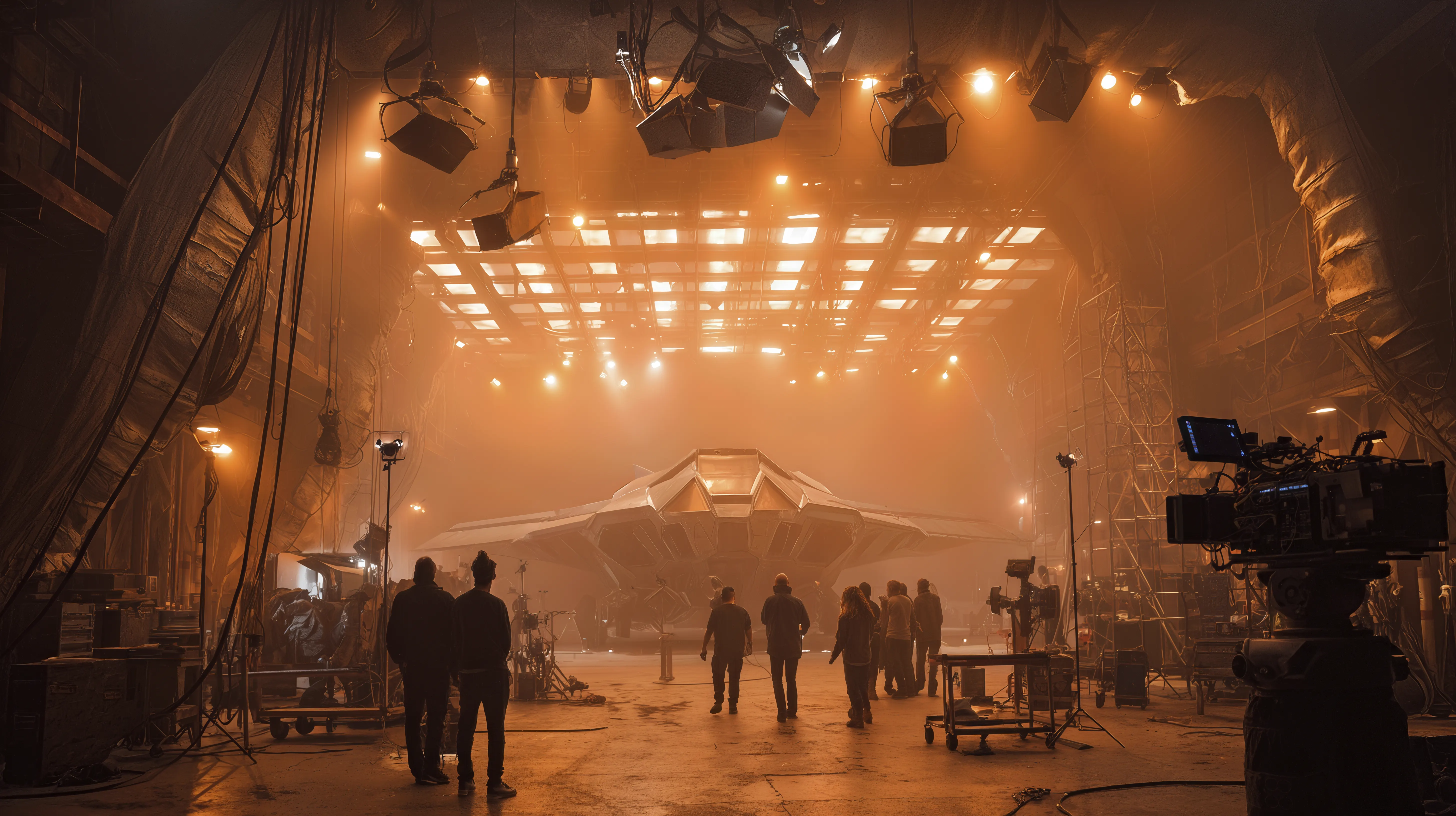 A cinematic production stage with camera, crew, and futuristic set