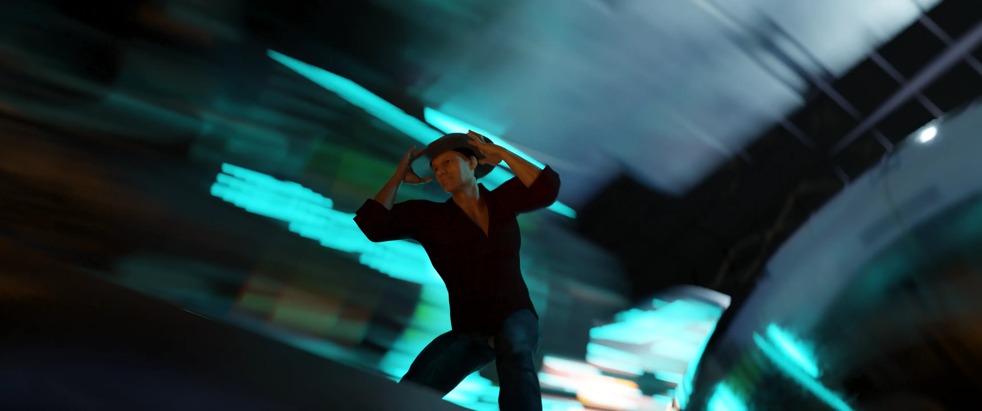 Virtual production character in a digitally lit environment