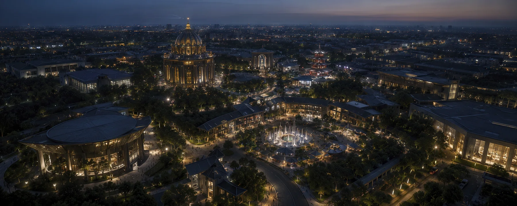 Aerial view of an expansive imagined destination