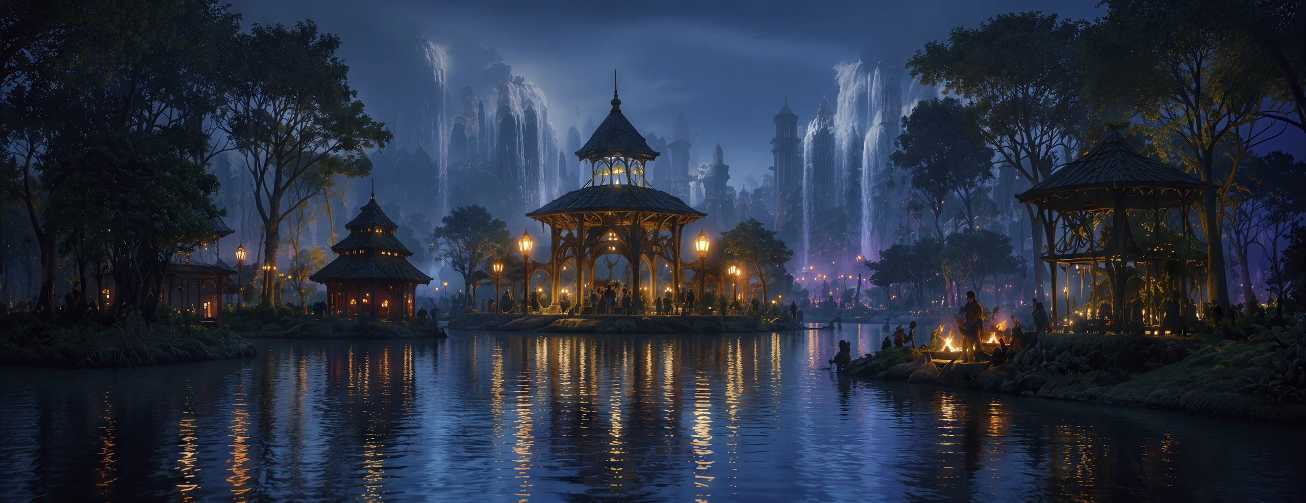 Immersive waterfront destination at twilight